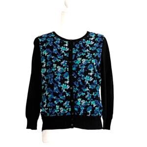 Ann Taylor Cardigan Sweater Black Blue Floral Button Front Cardigan Size MP